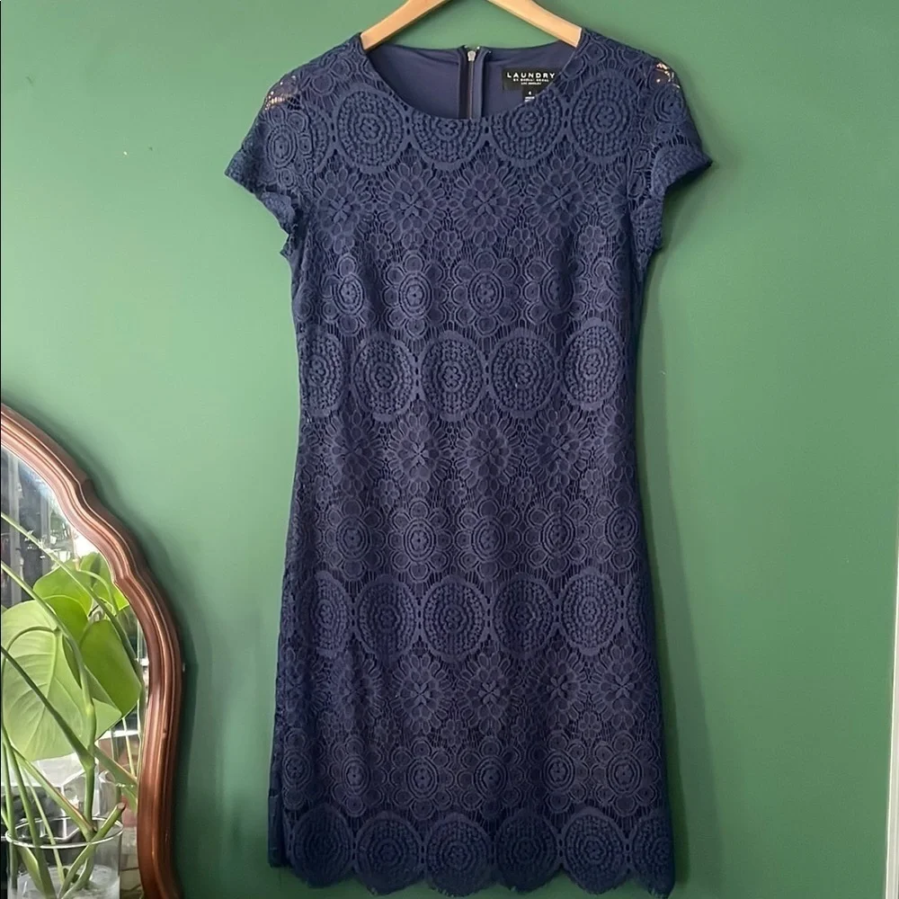 laundry by shelli segal navy lace dress LAUNDRY BY SHELLI SEGAL Navy Blue Lace Overlay Dress sz 4